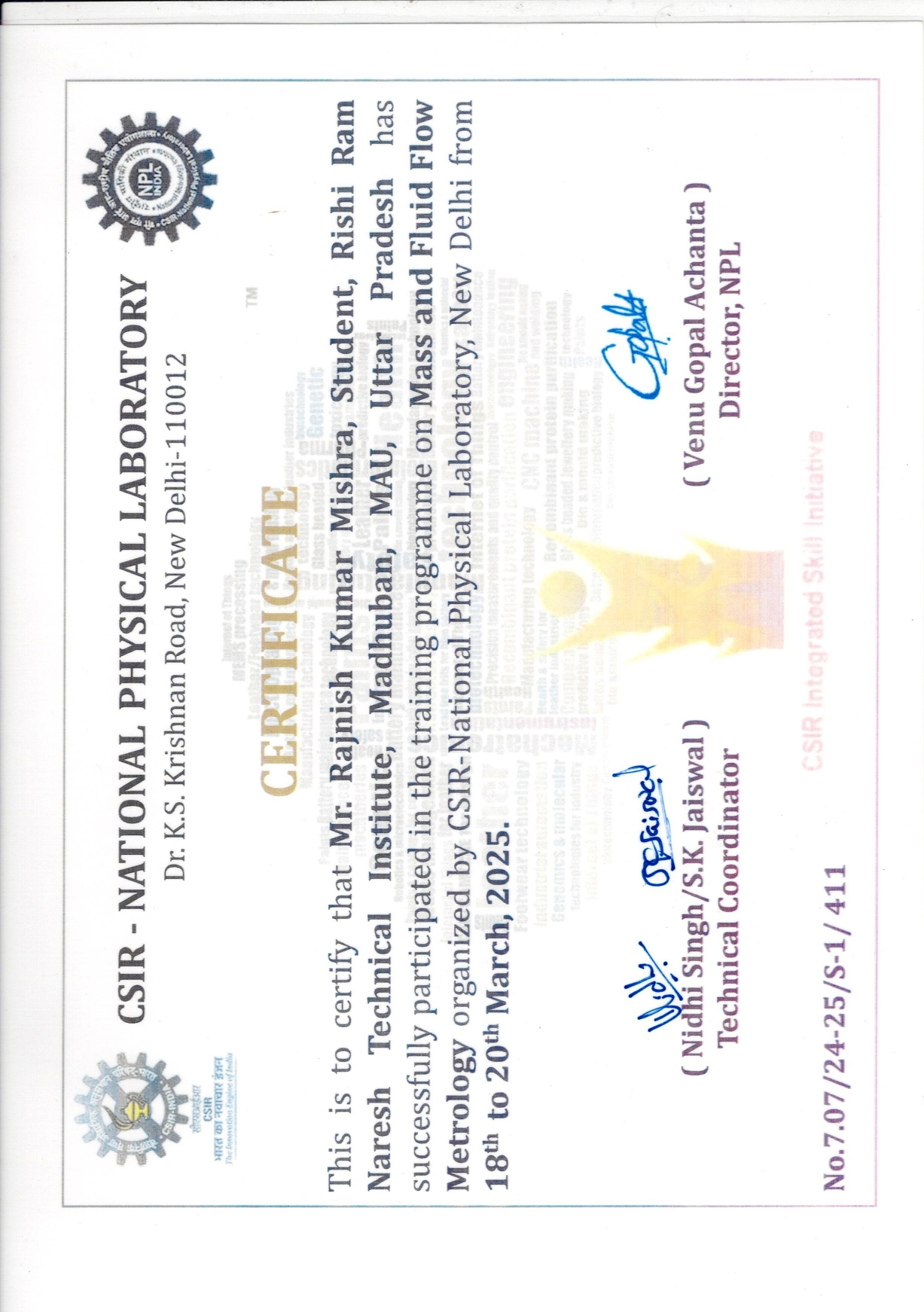 Rajnish Mishra Training Certificate – Page 1